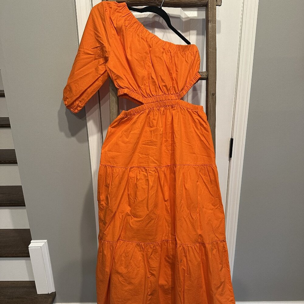 One-Shoulder Orange Maxi Dress with Cutout Waist